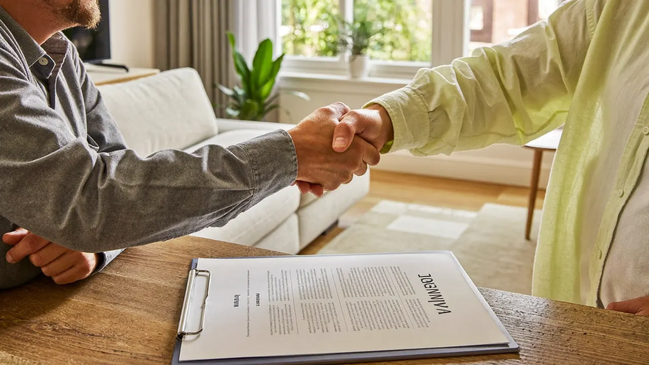 Homeowner and installer shaking hands to agree a window fitting contract