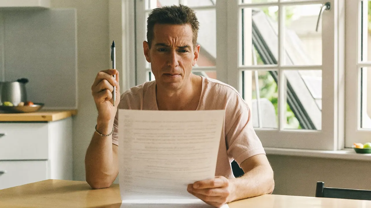 A homeowner reading a window installation contract at a kitchen table