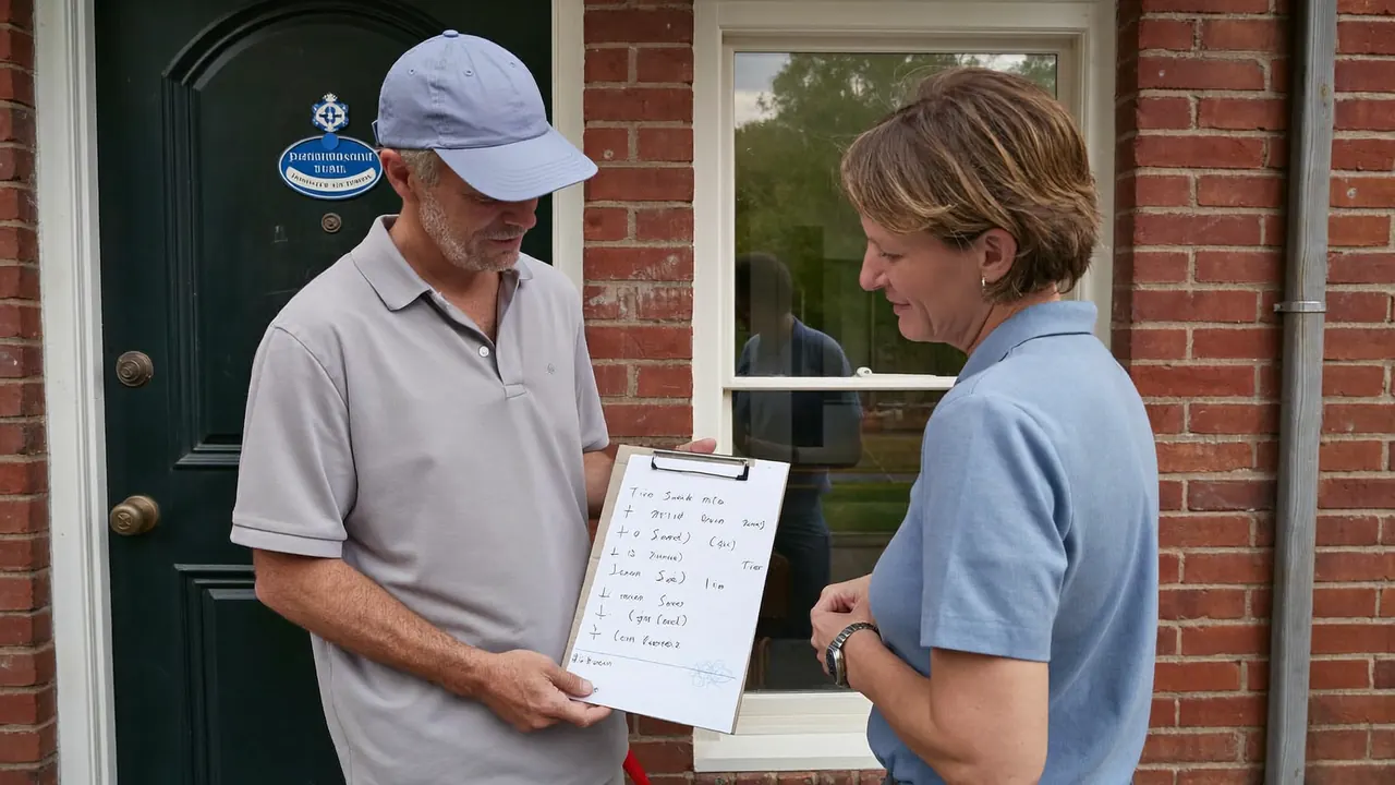 An installer explaining a written quote to a homeowner on the doorstep