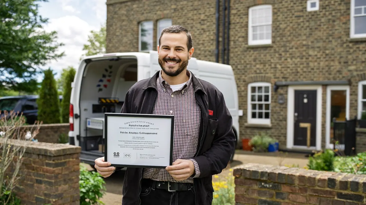 An installer holding up an accreditation certificate outside a home
