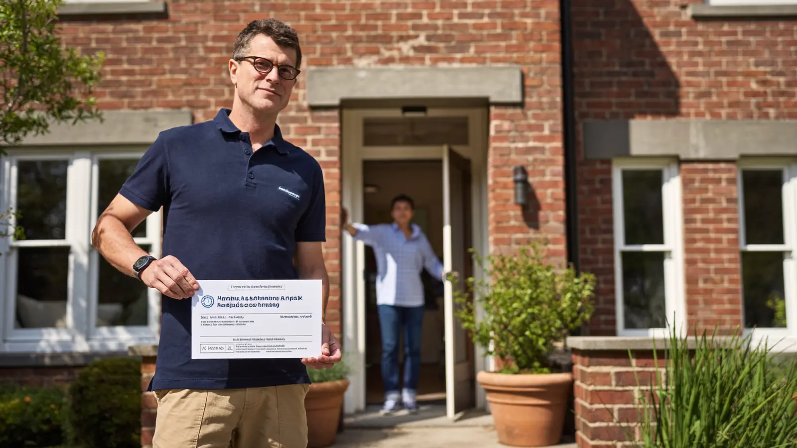 Installer showing a certification card to a homeowner at the door