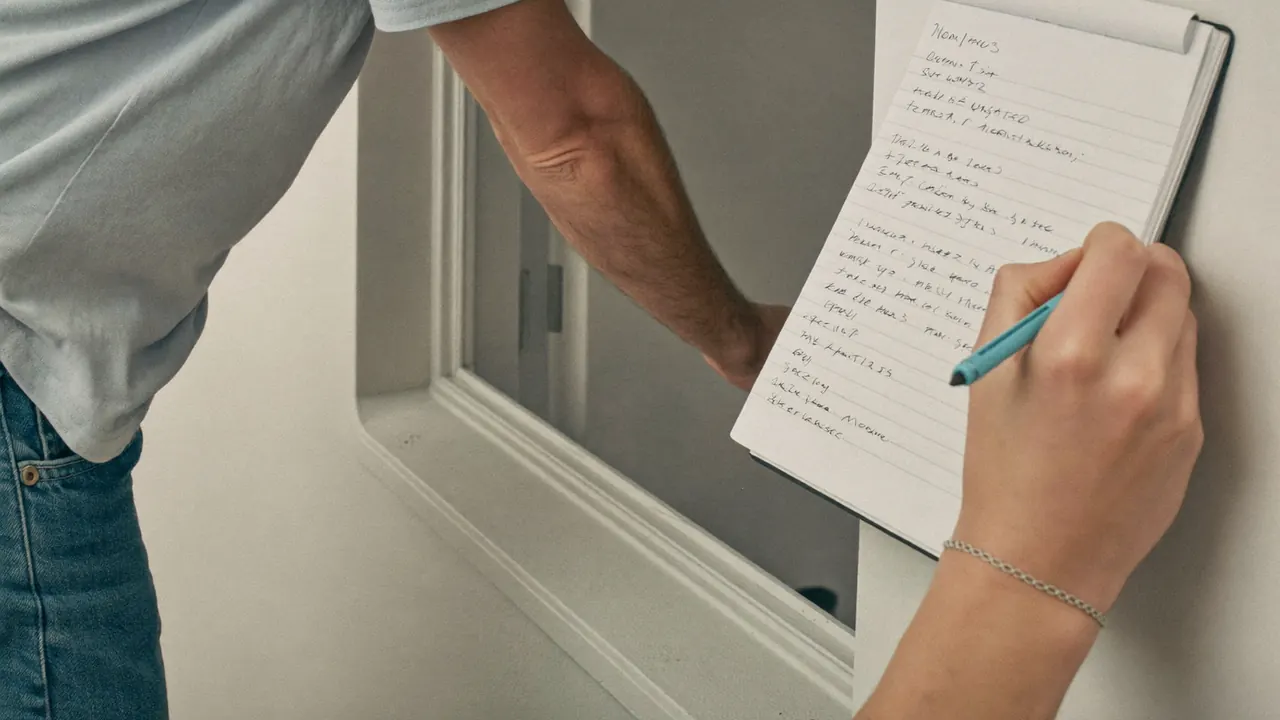 A surveyor measuring a window opening and noting figures in a notebook