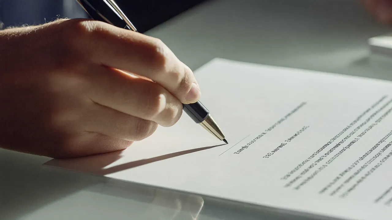 A guarantee document being signed with a pen on a desk